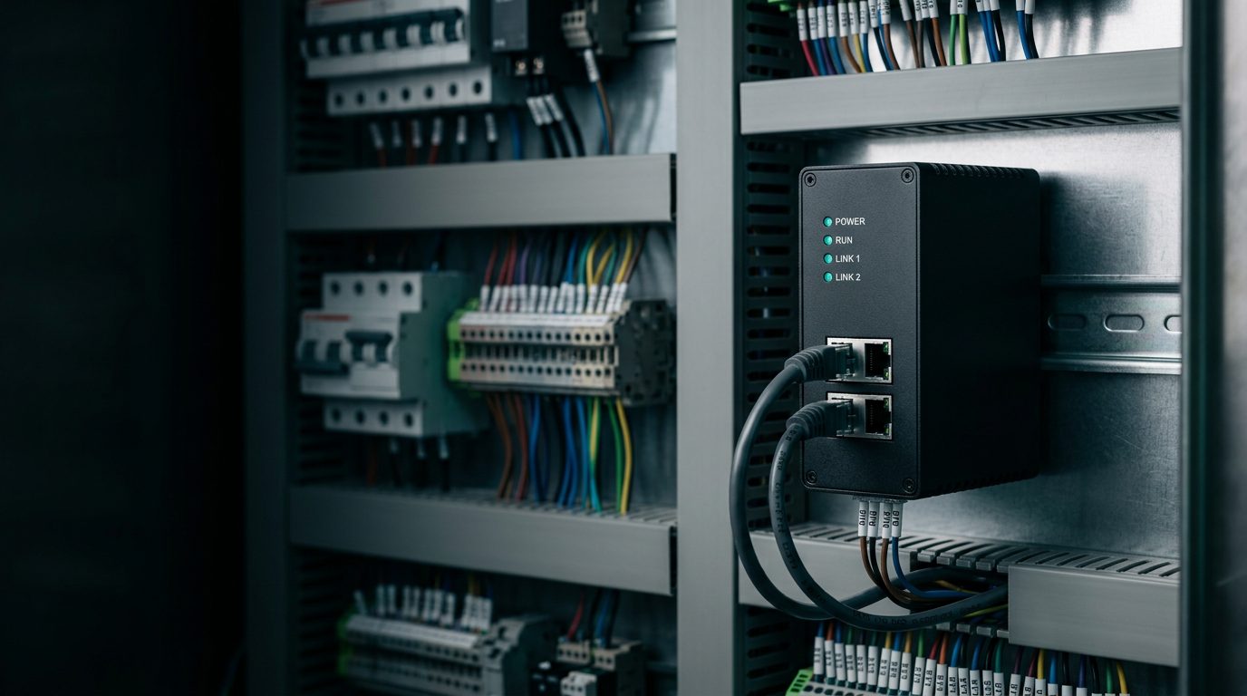 Matte črn industrijski krmilnik na DIN letvi v električni omari